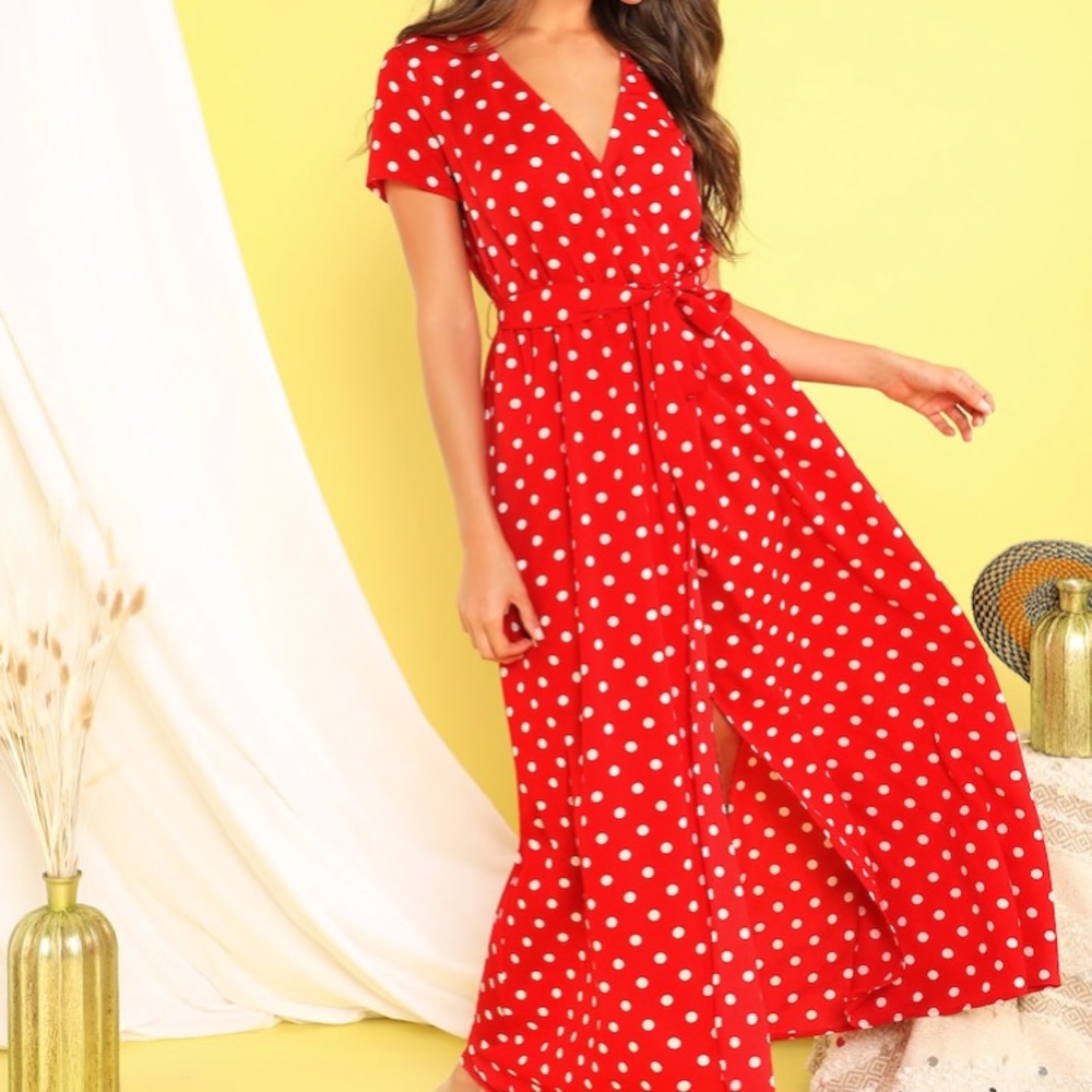 SHEIN Polka Dot Belted Dress Red US Large.